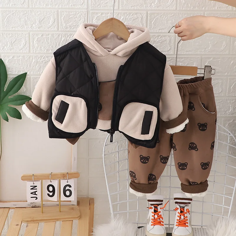 

Children's fleece long sleeved set winter new item baby fleece hooded sweatshirt vest three piece set thickened warm cotton set