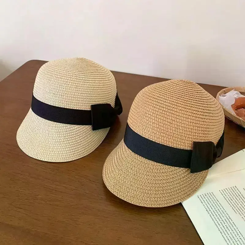 Women's Summer Straw Hat French Flat Top Vintage Bow Sun Visor Cap For Outdoor Travel Beach Vacation Sunscreen Headwear