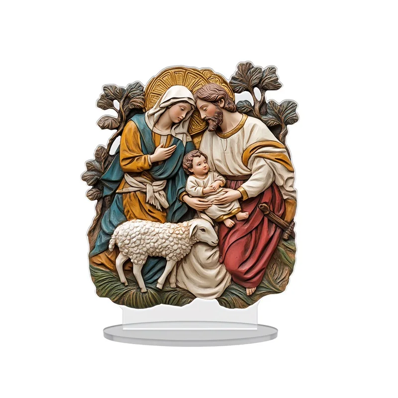 Holy Family Ornament Tree Nativity Scene Figurine Table Sign Flat Acrylic Ornament for Home