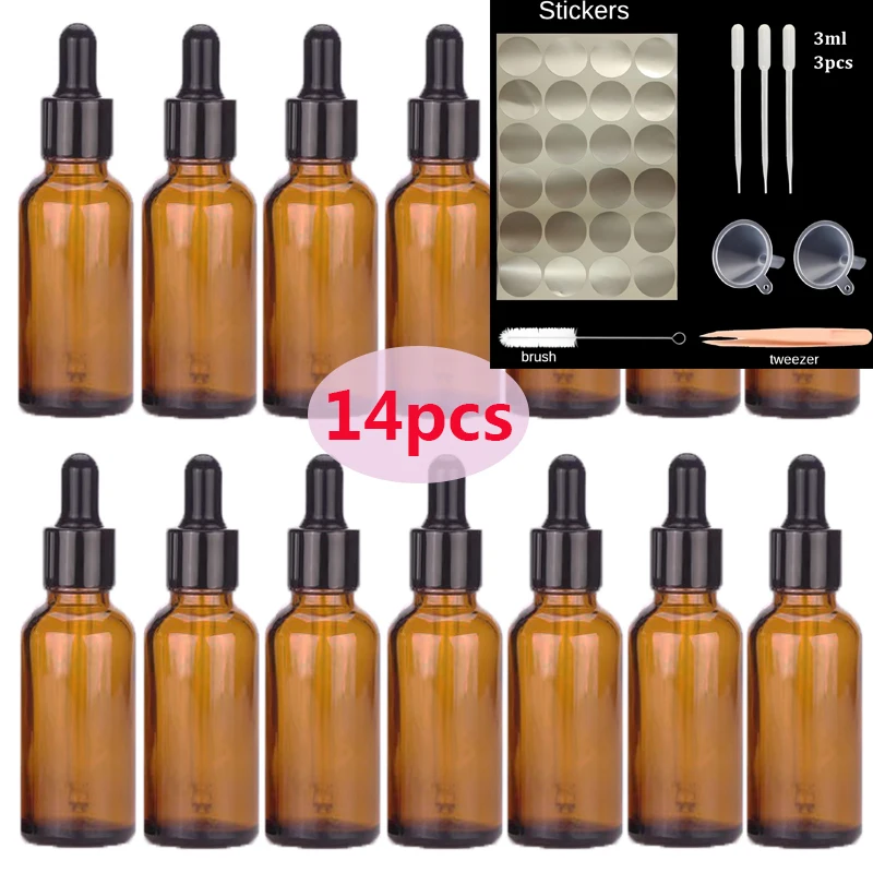 Botella vacía de vidrio para aromaterapia, 14 piezas rellenable de gotero, 15/30/50/100ml, para Perfume, líquido, marrón, masaje