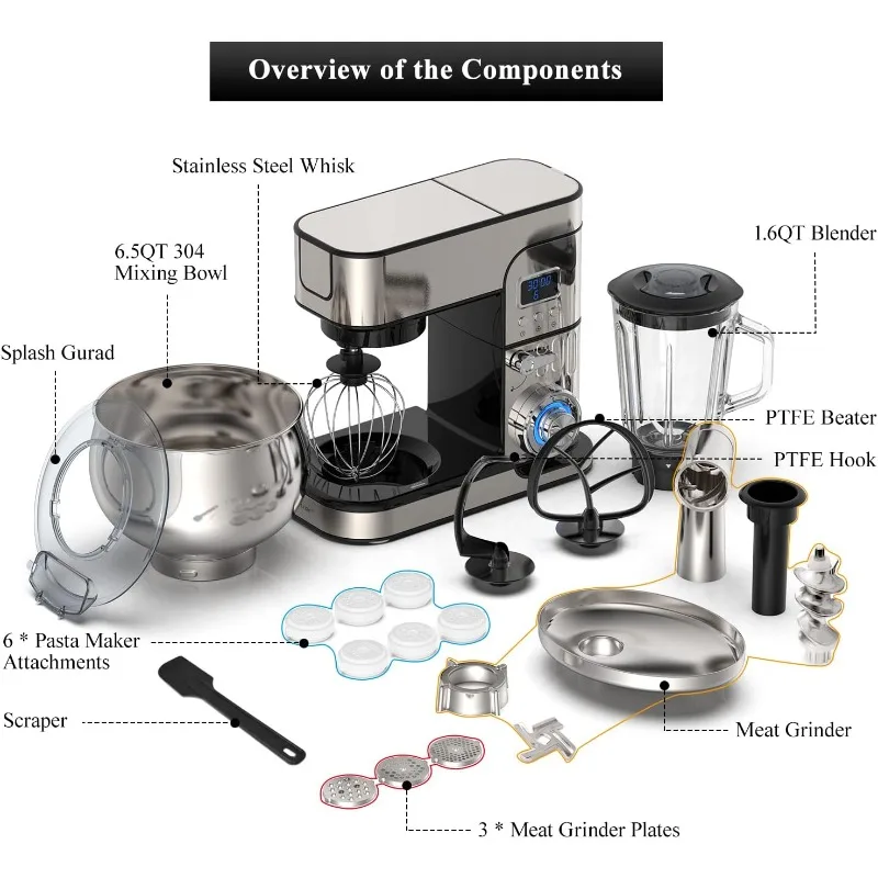 Robot da cucina 6 IN 1, miscelatore elettrico da cucina con Display LCD, miscelatore a ciotola IN acciaio inossidabile da 6,5 qt, miscelatore da cucina multifunzione con fluido