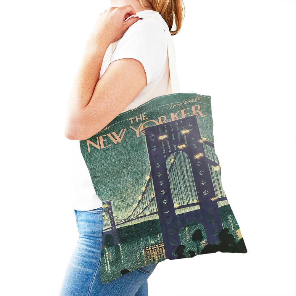 New Yorker Women Shopping Bags Double Print Casual Magazine Travel to City Shopper Bag Lady Canvas Tote Leaf Travel Handbag