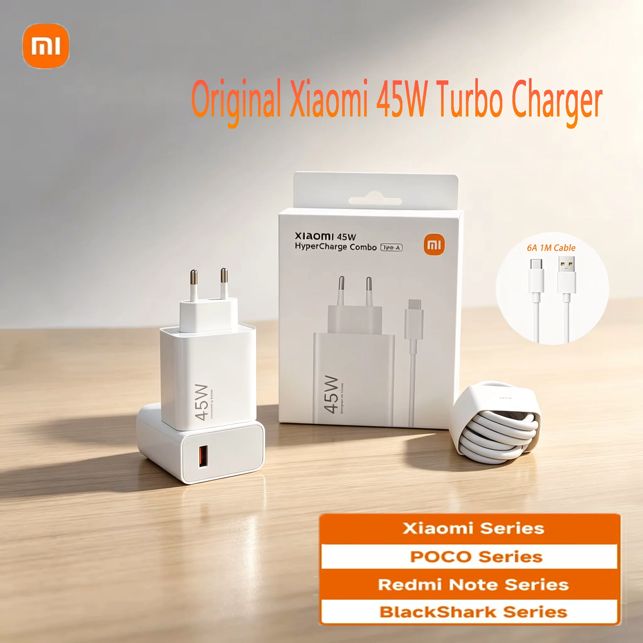 Carregador Turbo Original Xiaomi 45W com Adaptador Rápido EU e Cabo USB Tipo C de 1m 6A para Mi 11T 10T POCO X3 NFC X4 GT M5S