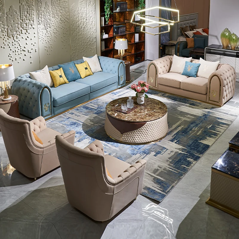 #￥MR Light Luxury Suede Leather Sofa Combination Set Modern Simple Design Big Size With Leather Buckle for Home Villa Use