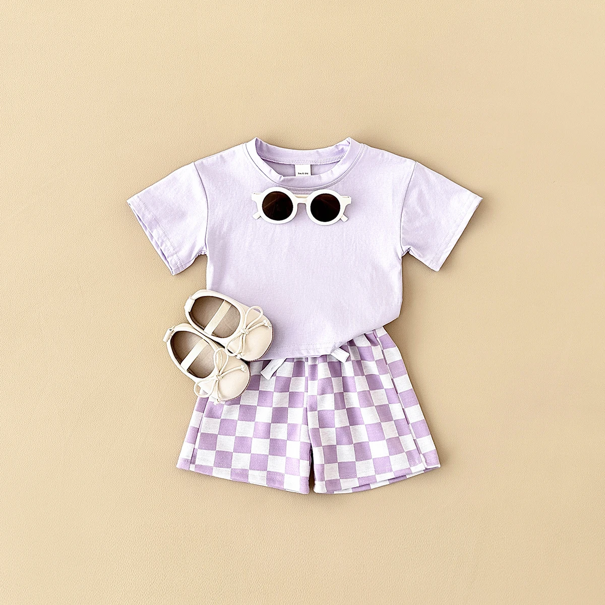 2024 Newborn Summer Boys Clothing Set Solid Color Short Sleeved T-shirt+Checkerboard Shorts Cotton Girls Casual Children Suit