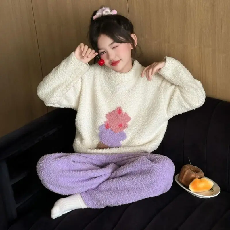 Kawaii فتاة موضة بيجامة مجموعة طالب الشتاء الدفء عادية الفانيلا رشاقته القمم السراويل الطويلة 2 قطعة مجموعة ملابس الأطفال #5
