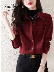 2024 Autumn Long Sleeve Women Thick Basic Shirt Blouse Office Lady Button Up Solid Color Work Tops Korea Style Winter Clothing