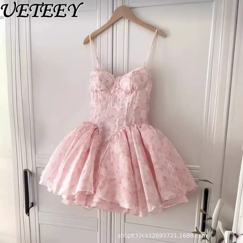Korean Style Gentle Printing Slip Dress Female 2024 Summer Pink Sweet High Waist Slim Fit Figure Flatting Puffy Dress Princess