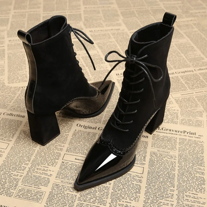 

Pointed Toe Lace Up Women Ankle Boots High Heels 2025 Winter Suede Shoes Designer Chunky Chelsea Short Boots Dress Pumps Zapatos