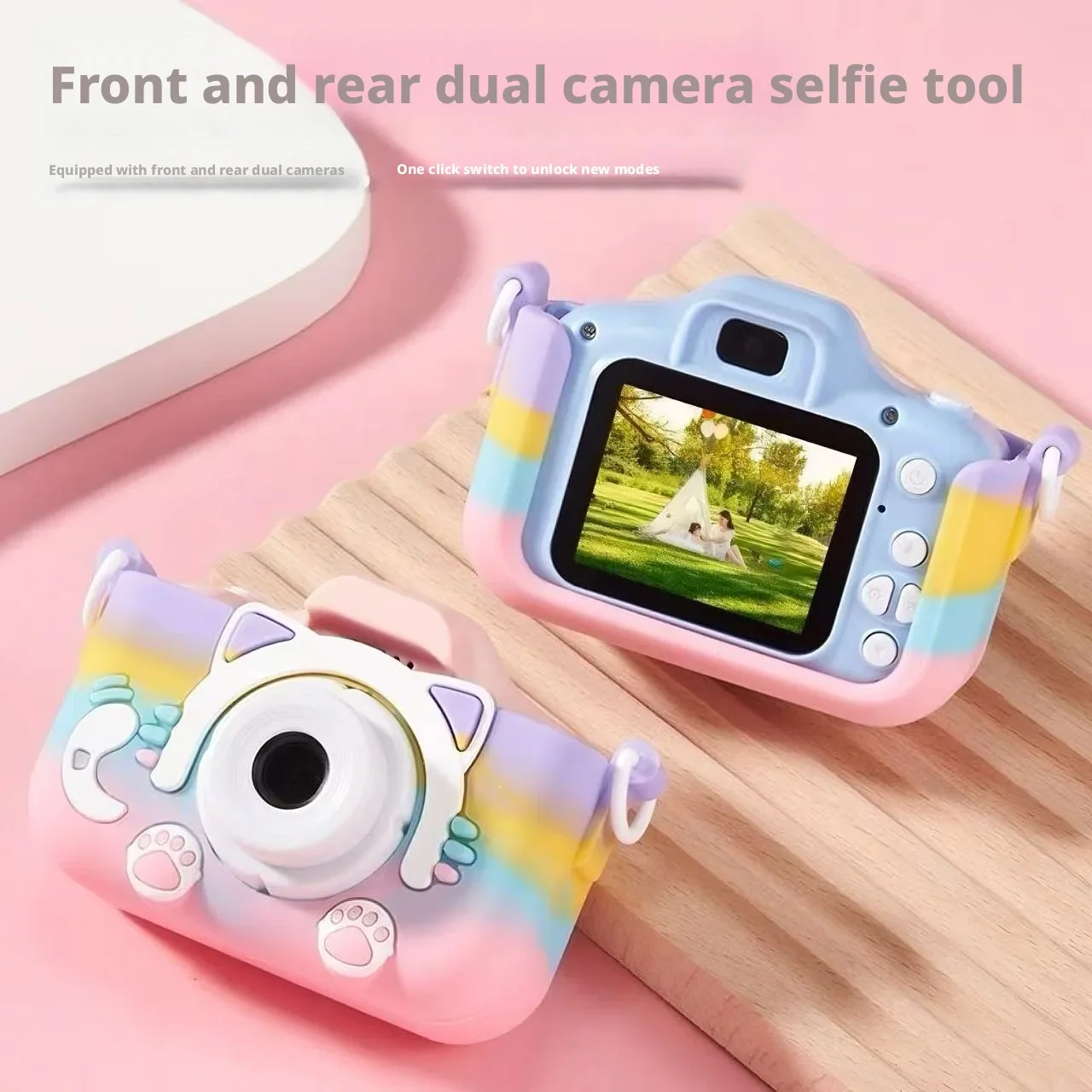 

2026 Kids Cartoon Rainbow Cat Camera HD Front & Rear Video Camera Portable Digital Mini Camera for Photo & Video Recording