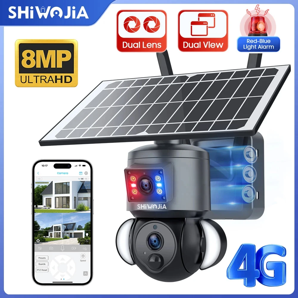 SHIWOJIA 4K 8MP Solar Camera 4G SIM /WIFI Security Outdoor Dual Lens Recording Humanoid Tracking Color Night Vision PTZ Cam