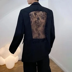 Mens See-Through Hollow Lace Casual Suit Autumn Genderless Fashion Personality Nightclub Sexy Splicing Loose Suit Jacket Unisex