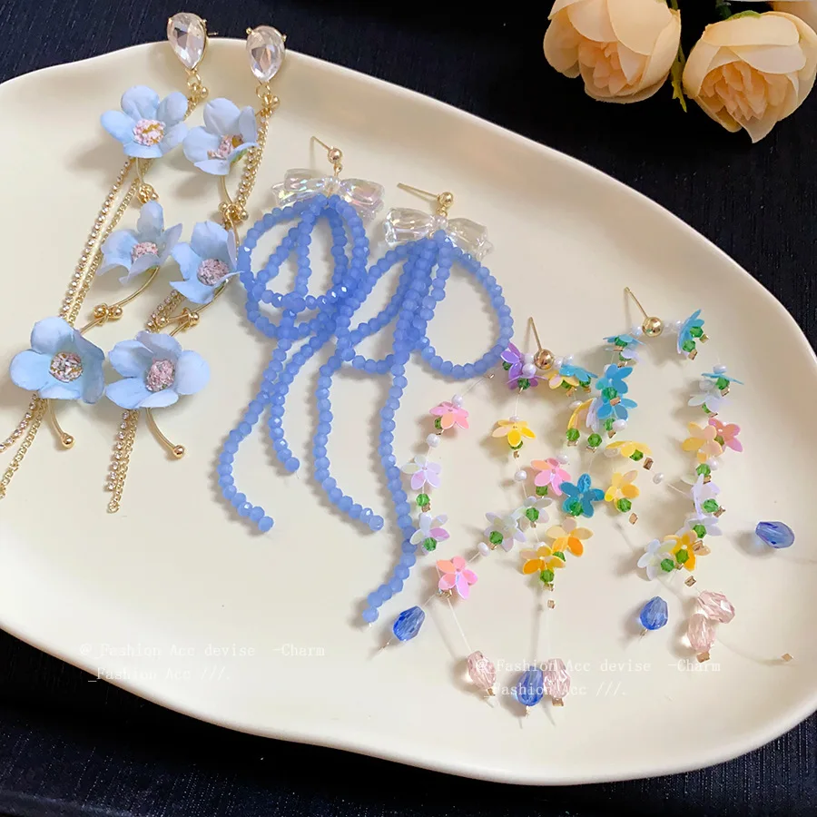 

Acrylic Bow Knot Flower Tassel Earrings Seaside Vacation Style Temperament Sweet Jewelry for Women