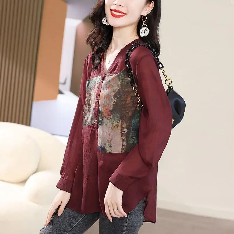 Summer New Fashion Printed Spliced V-Neck Button Shirt 2023 Women\'s Clothing Casual All-match Long Sleeve Thin Blouse Female