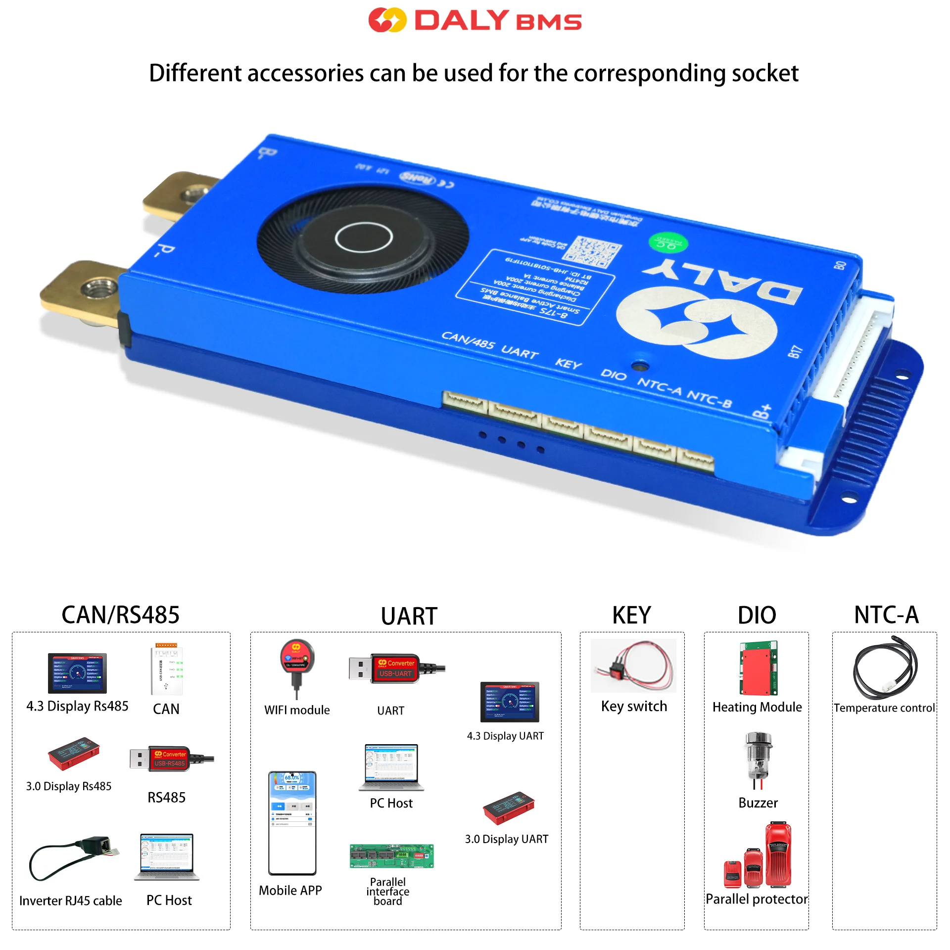 DALY 100Balance BMS 12V 24V 48V 150A 200A نظام إدارة البطارية الذكي مع تطبيق بلوتوث حماية الشحن الزائد للطاقة الشمسية/EV
