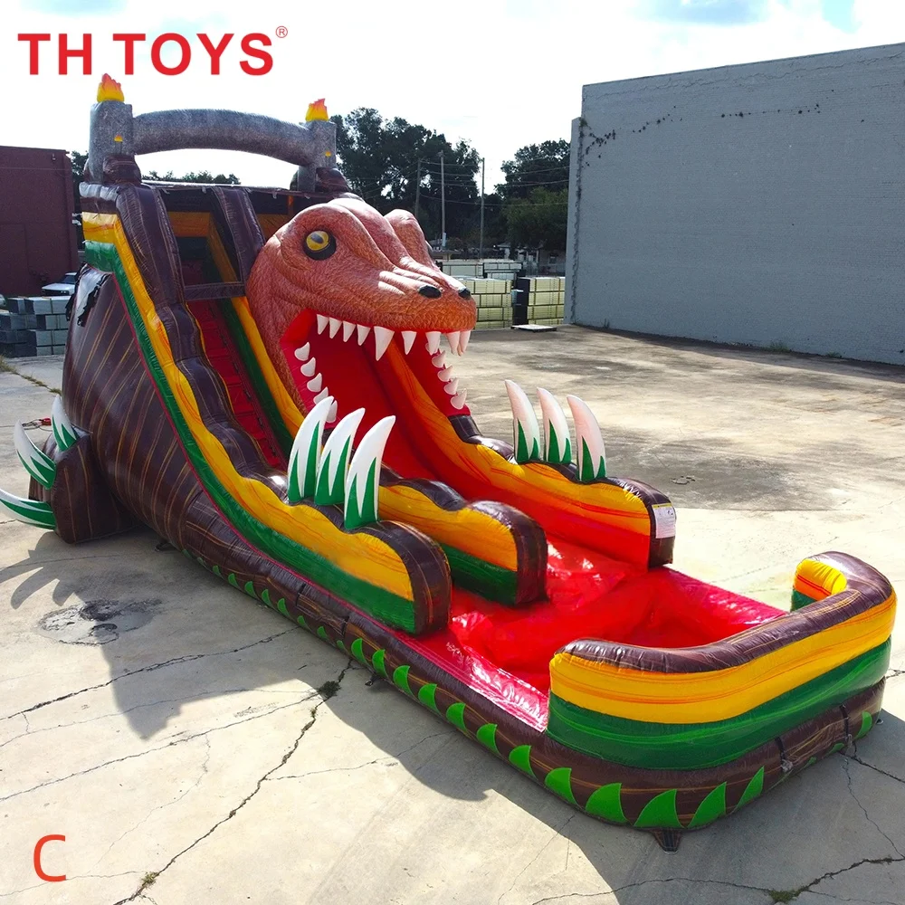 Tobogã inflável comercial gigante de dinossauro e palmeira, escorregador aquático e diversão para crianças e adultos.