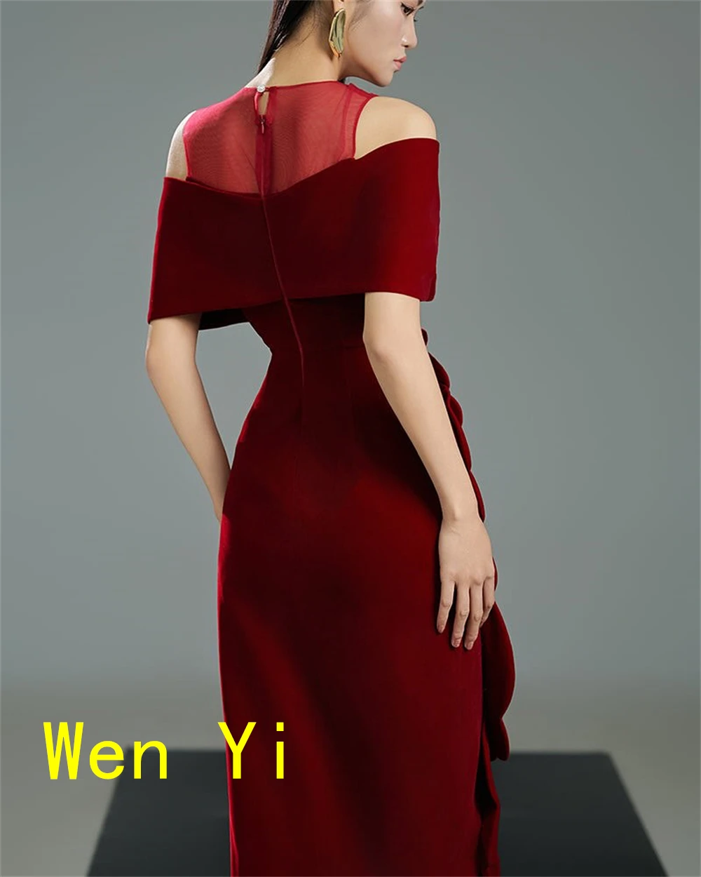 CustomizedCustomized Fashion  Burgundy Jersey Evening Dress Formal Crew Neck Off the Shoulder Mermaid Zipper Back Side Slit  Pro image 3