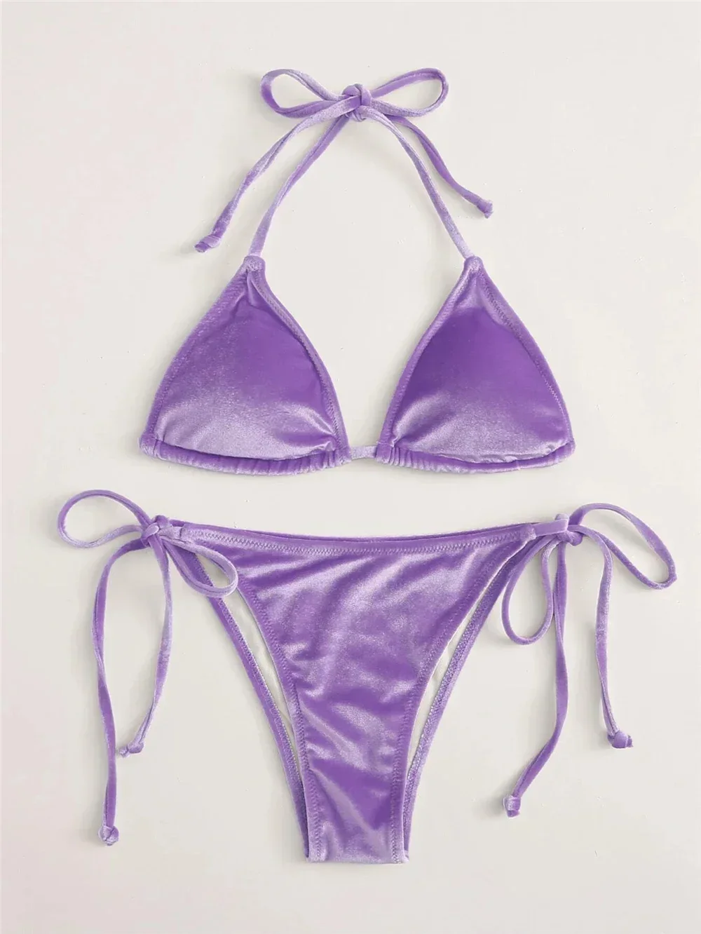 Purple Velvet Swimsuit Sexy String Halter Triangle Bikinis Set Mujer Micro Thong Swimwear Women Biquini Bikinis Set Bathing Suit