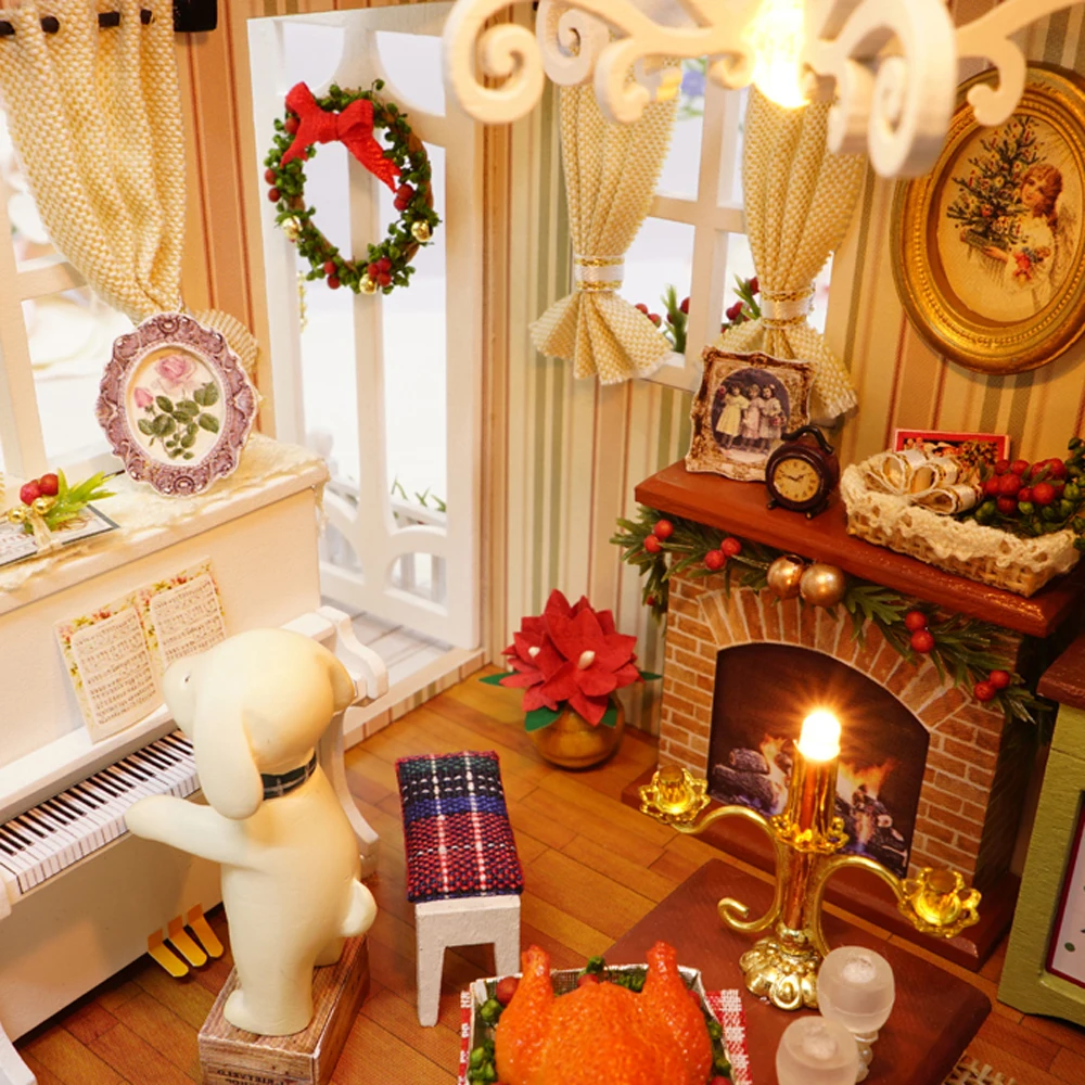 مجموعة بيت الدمى المصغرة لعيد الميلاد DIY، حرفة غرفة منزل خشبية صغيرة ثلاثية الأبعاد مع أضواء LED لأعياد ميلاد الأطفال