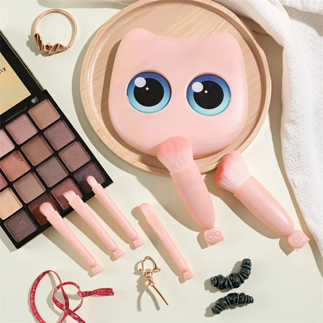 6-teiliges Mini-Reise-Make-up-Pinsel-Set mit Spiegel, Katzen-Aufbewahrungsbox, Reise-Make-up-Pinsel-Set, kosmetisches Puder, Rouge, Mischpinsel
