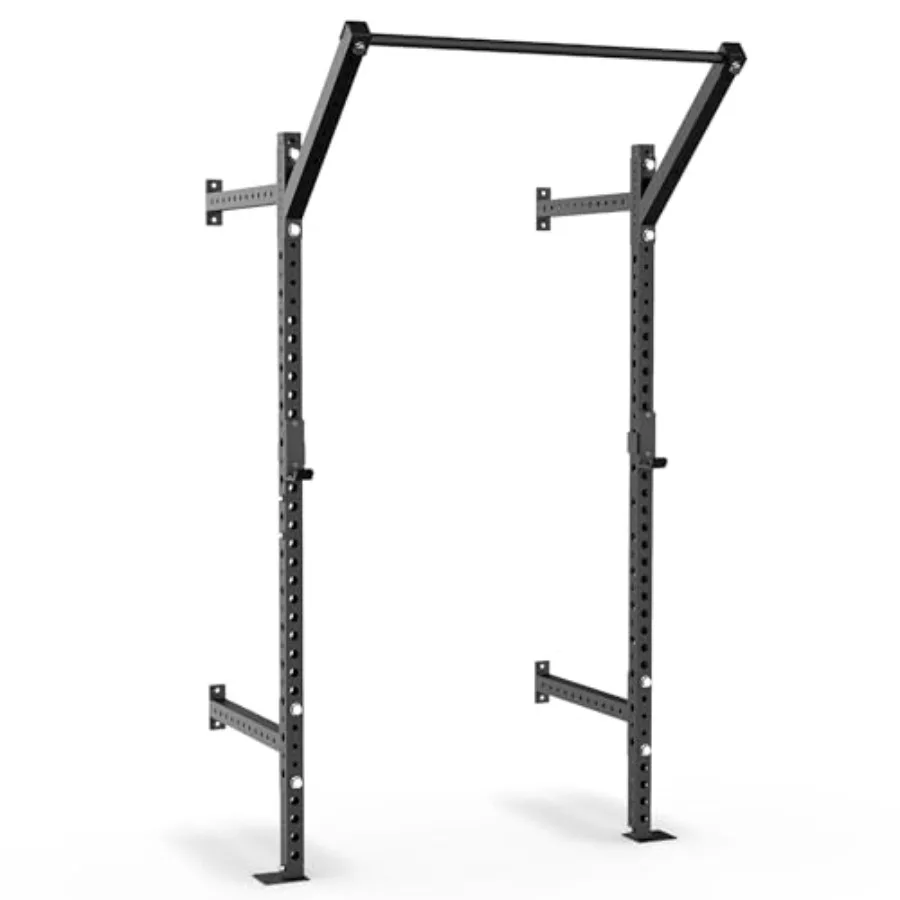 Wall Mounted Squat Rack for home gym use steel construction black finish 750lb capacity with J-Cups and adjustable pull-up bar