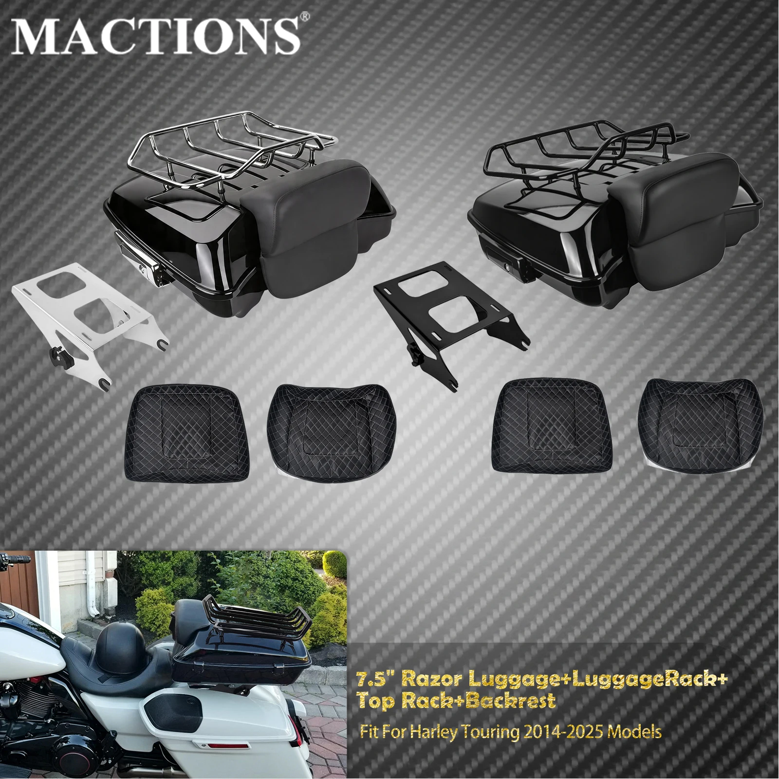 Motorcycle 7.5'' Razor Luggage Trunk Backrest Rack Mount Docking Hardware For Harley Touring Electra Street Road Glide 2014-2025