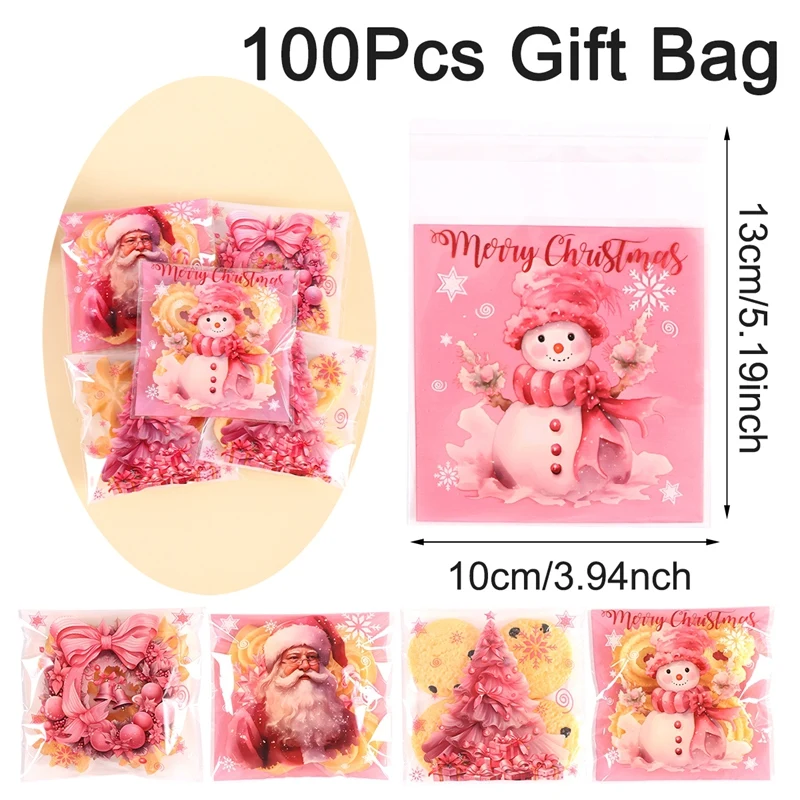 50/100 Stück rosa Weihnachts-Süßigkeitsbeutel, selbstklebende Geschenktüten, Kekse-Snack-Beutel, 2022, Navidad, Weihnachten, Neujahr, Party-Dekoration, Zubehör – Detail 3
