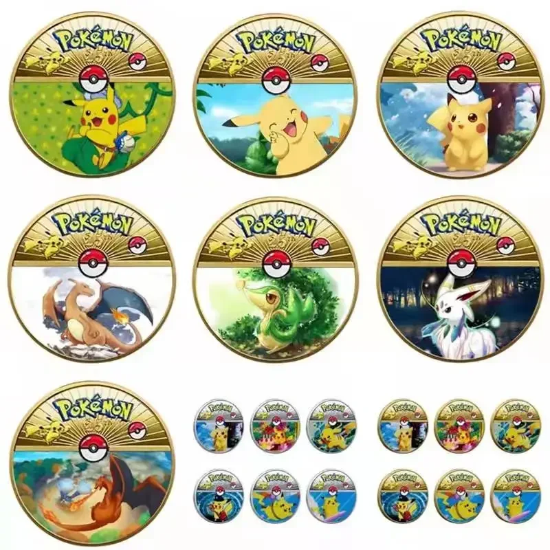 Gold Pokemon Coins Pikachu Anime Commemorative Coin Charizard Golden Round Metal Coin Toys