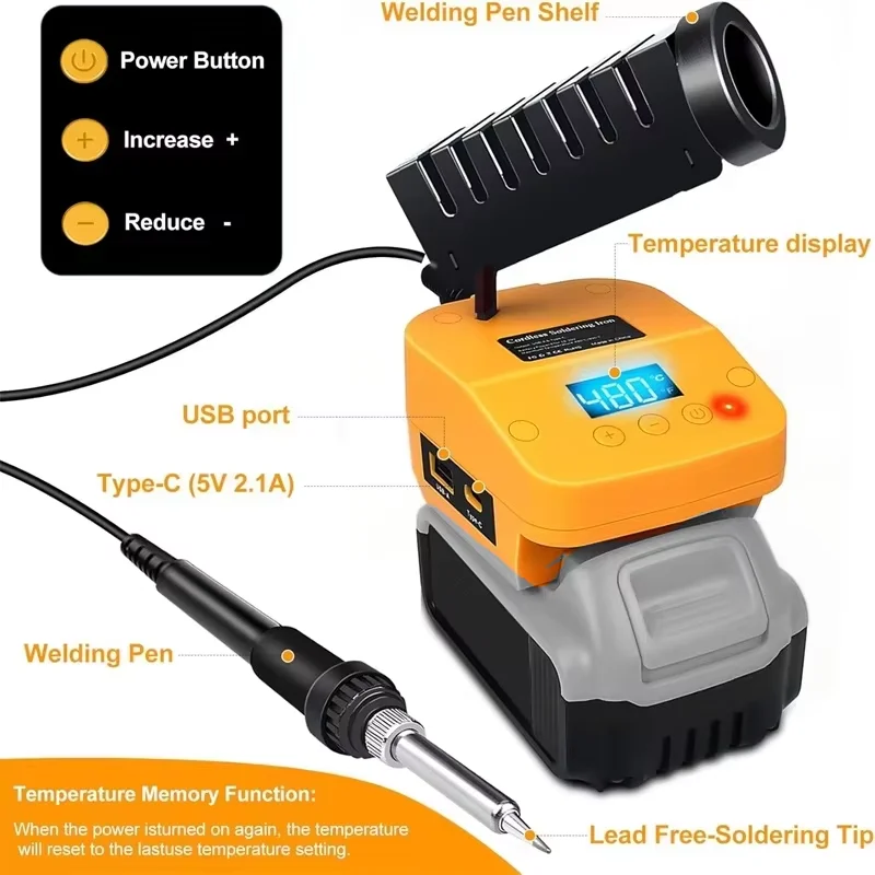 

Портативный электрический паяльник с быстрым нагревом и USB типа C для Dewalt, литий-ионный аккумулятор 20 В, беспроводная паяльная станция
