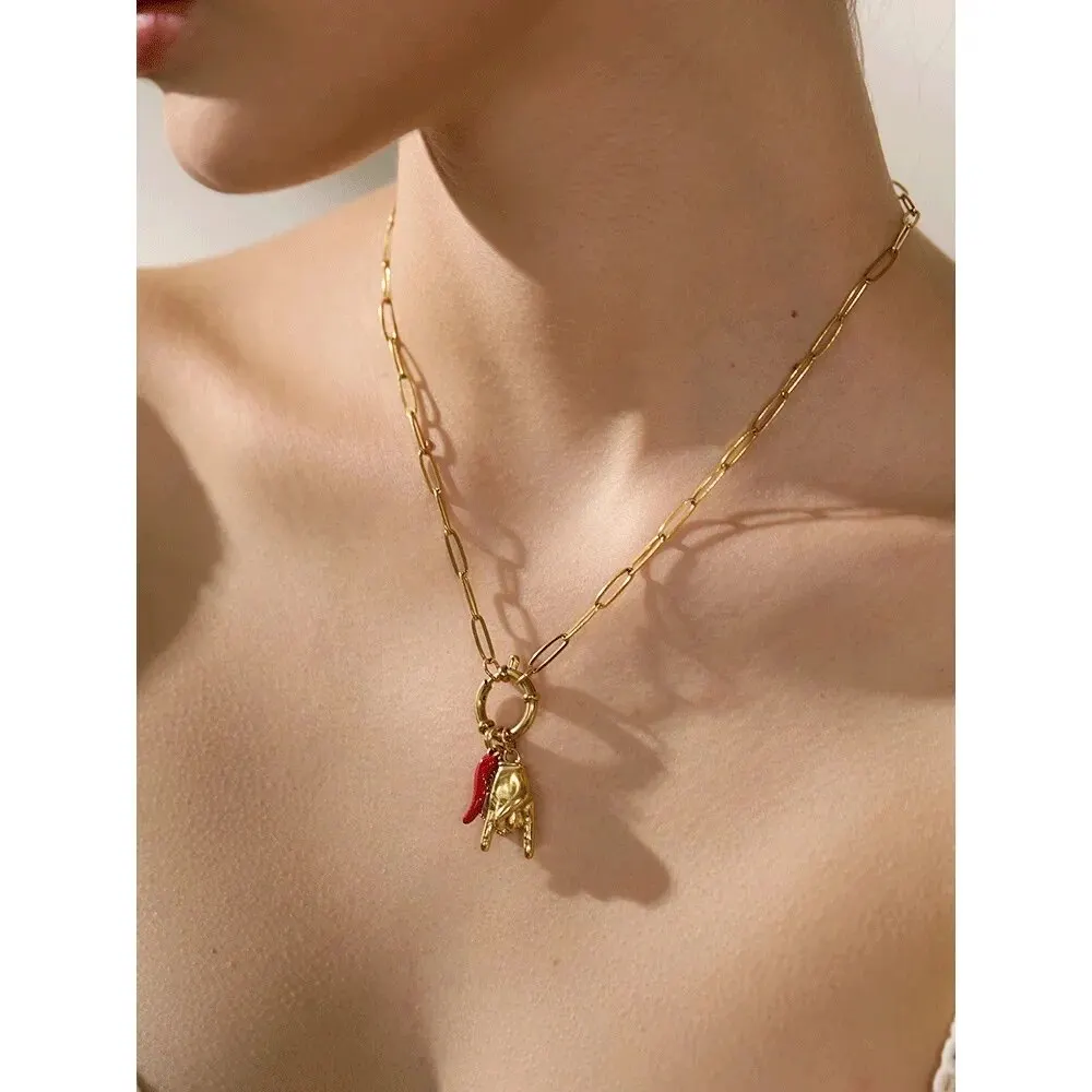 Red Chilly Gold Palm Heart Pendant Women Necklace Korean Chain Red Epoxy Silver Color Option Women Evening Party Jewelry