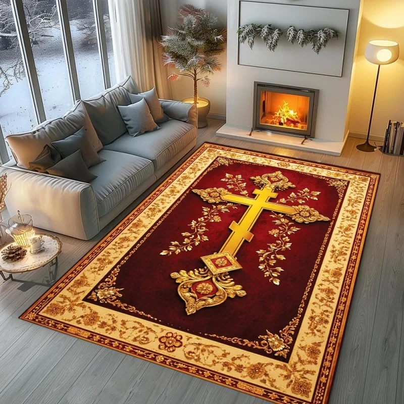 Dark Burgundy Gold Floral Double Cross Area Rug Non Slip Religious Entryway Washable Floor Carpet