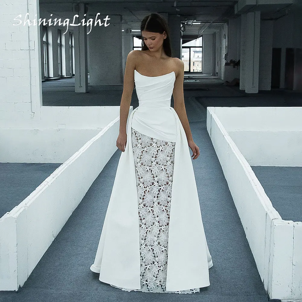 

ShiningLight Strapless Sleeveless Mermaid Wedding Dress with Sweep Train Elegant Satin and Lace Boho Bridal Dresses Customized