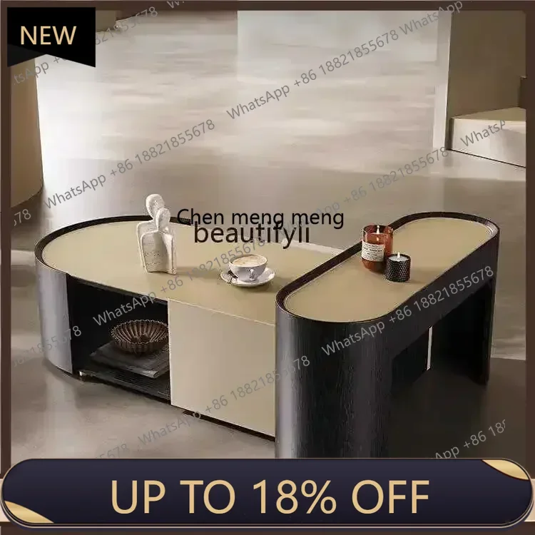 

P178 Italian Minimalist Saddle Leather Tea Table Living Room Home High-Grade Smoked Wood Telescopic Combination