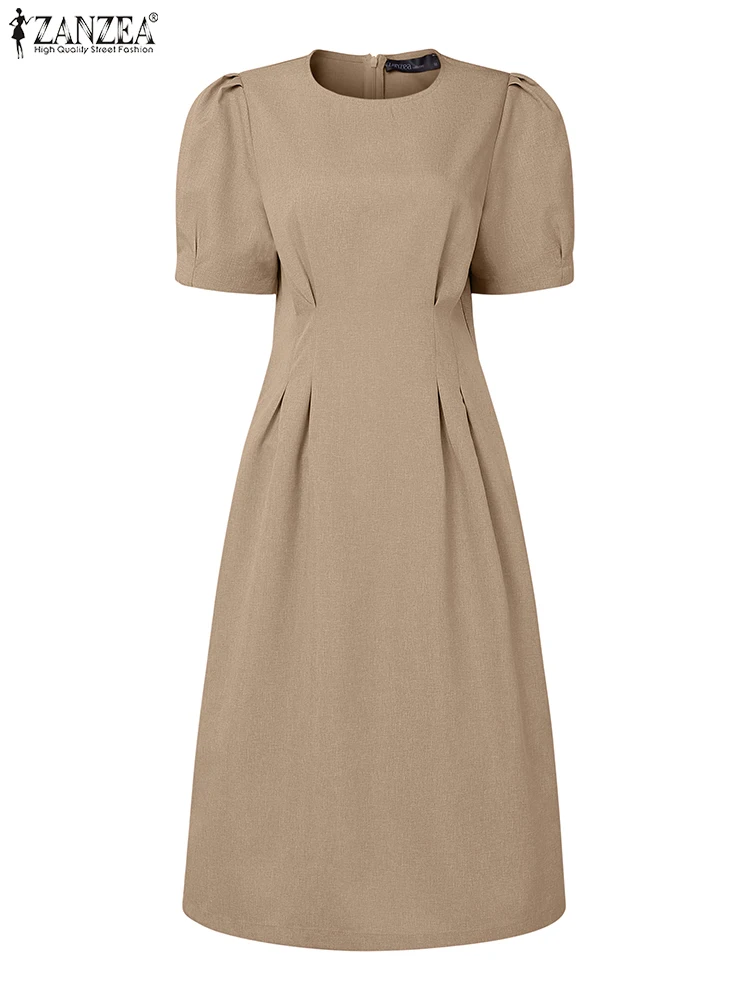 ZANZEA オフィスレディースワンピース 2025 夏 エレガントなOネック ショートパフスリーブ ベスティド おしゃれ 無地 ワーク OL サマードレス ローブファム