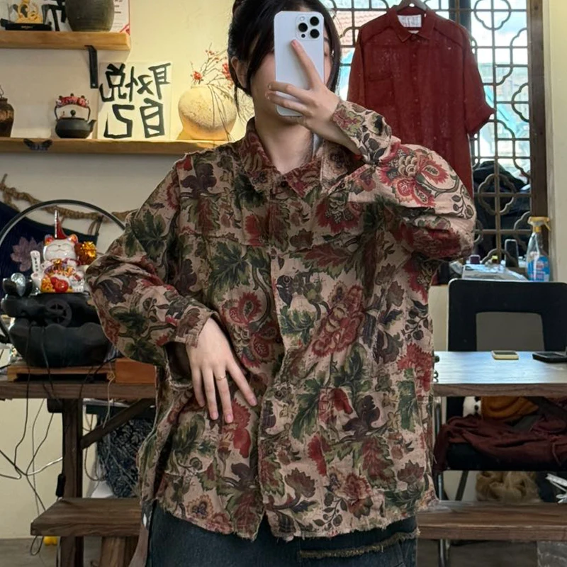 قمصان عصرية للخريف الكوري من Mass Wass للسيدات مطبوعة فضفاضة بتصميم عتيق بلوزات كلاسيكية كاجوال بأكمام طويلة مزهّرة