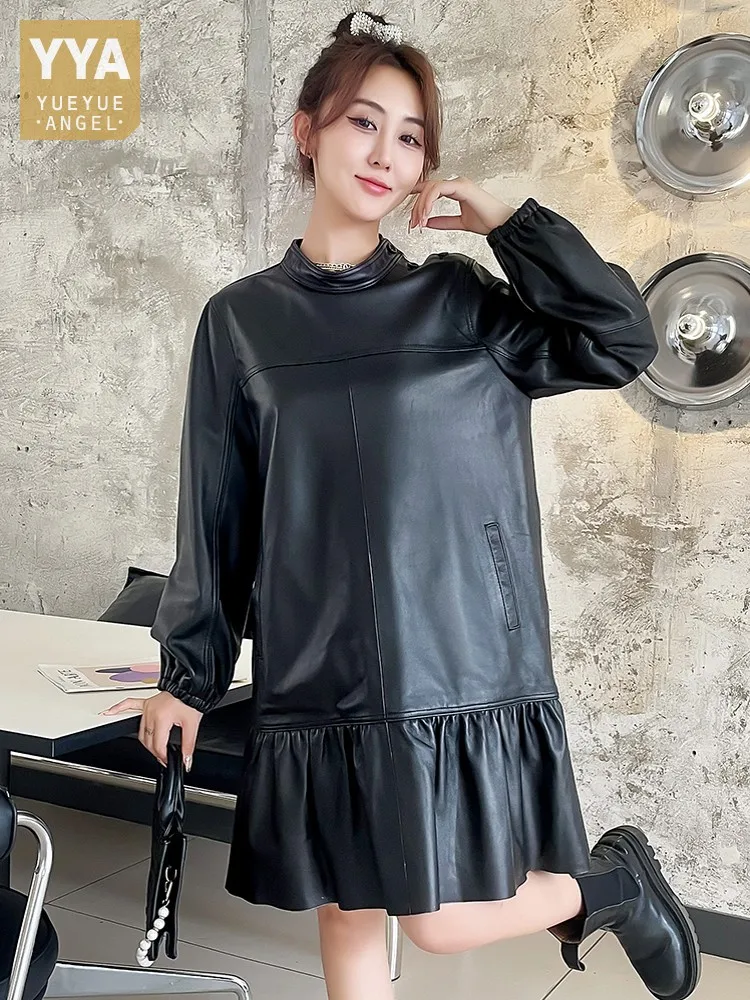 Women Spring New Stand Collar Ruffles Mid Length Loose Fit Sheepskin Genuine Leather Dress Vintage Ladies Casual Straight Dress