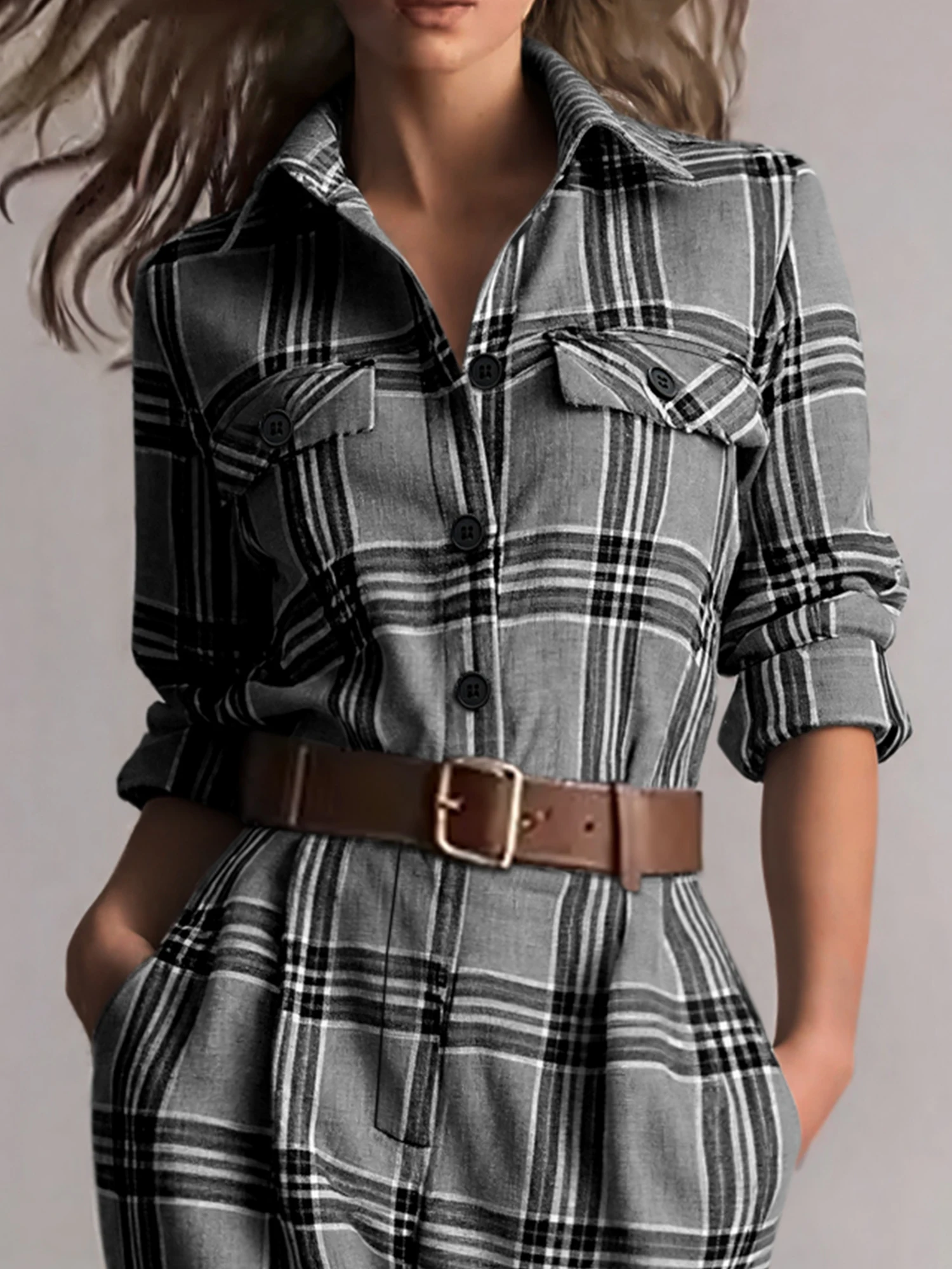 Women's Plaid Print Button Front Long Sleeve Jumpsuit with Pockets - Casual Loose Fit Romper