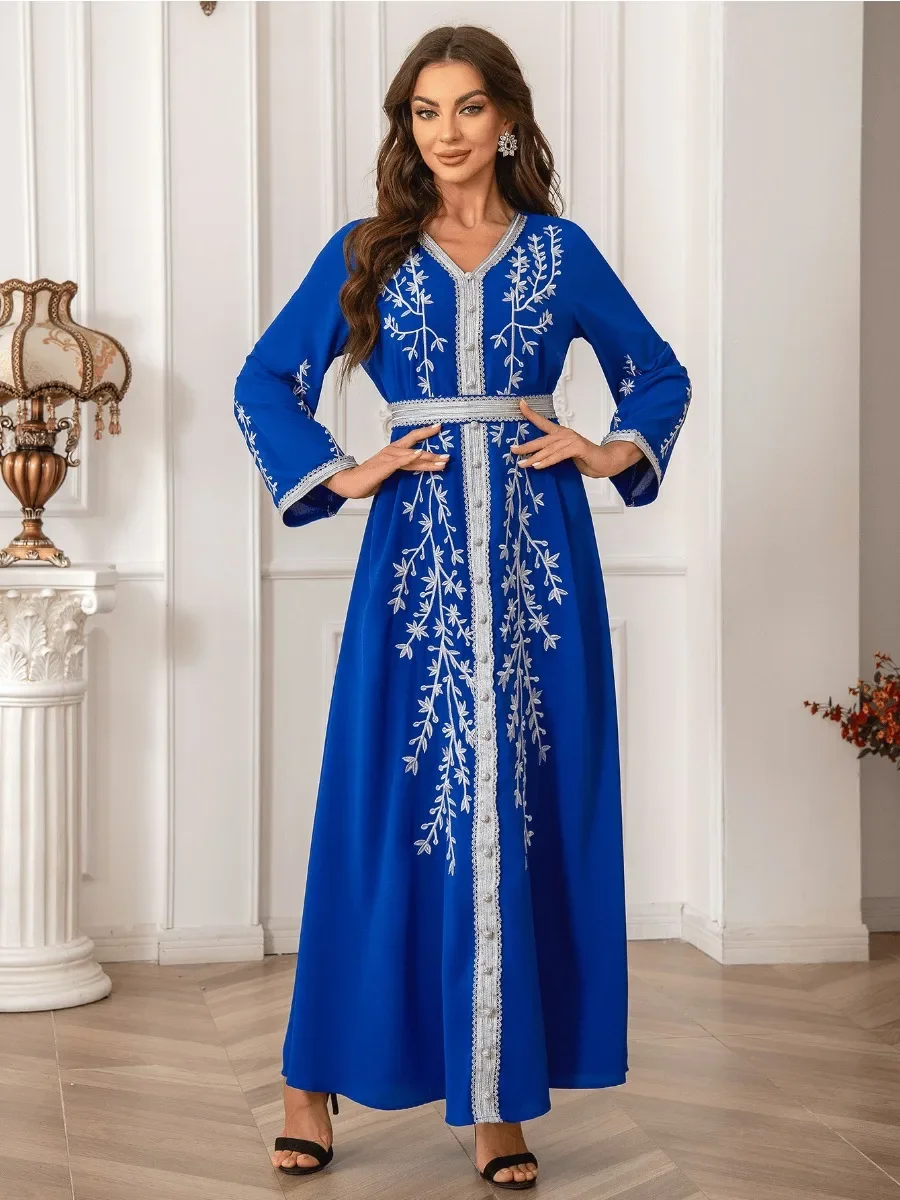 

Eid мусульманское платье для женщин абайя Вышивка V-образный вырез Abayas Дубай Jalabiya вечерние платья Кафтан платья Длинные платья халат 2024