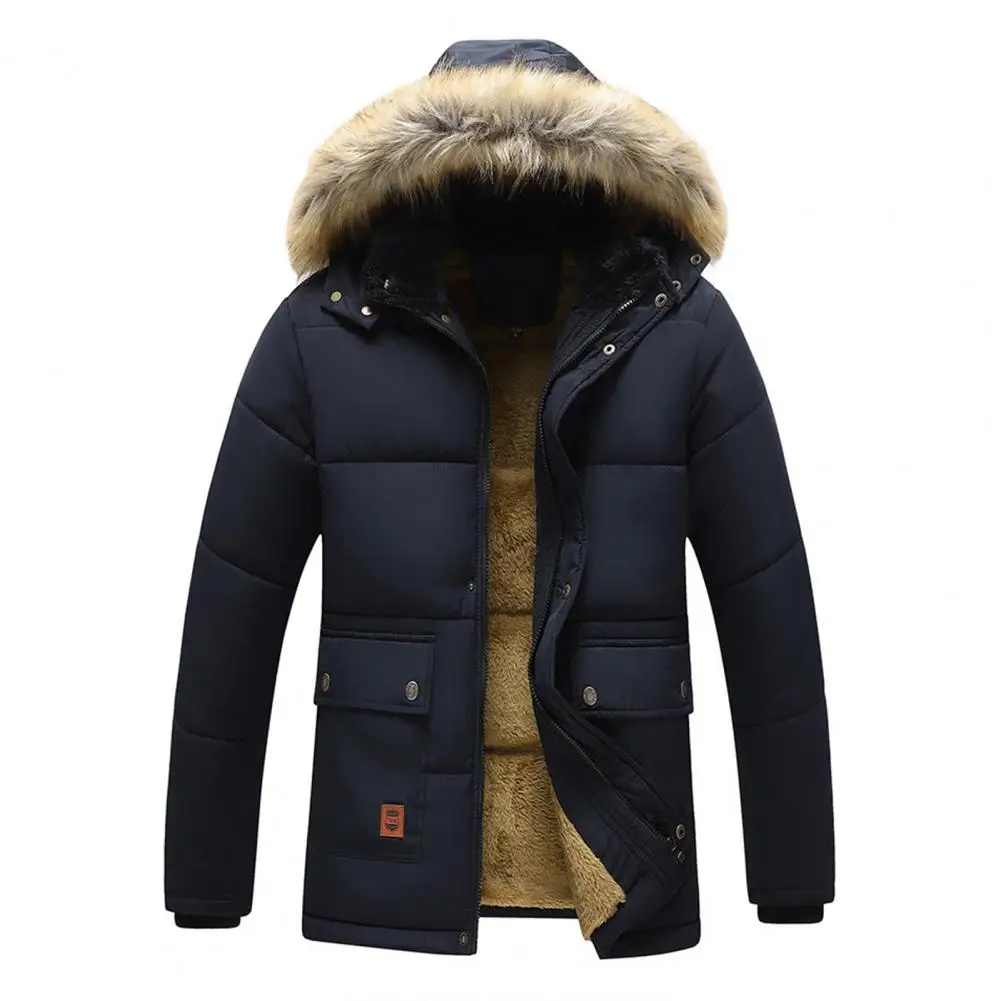 Men Winter Coat Parka Jacket Plush Hooded Lined Thicken Furry With Pockets Men Plus Size Warm Cotton Padded Coat Male Clothes