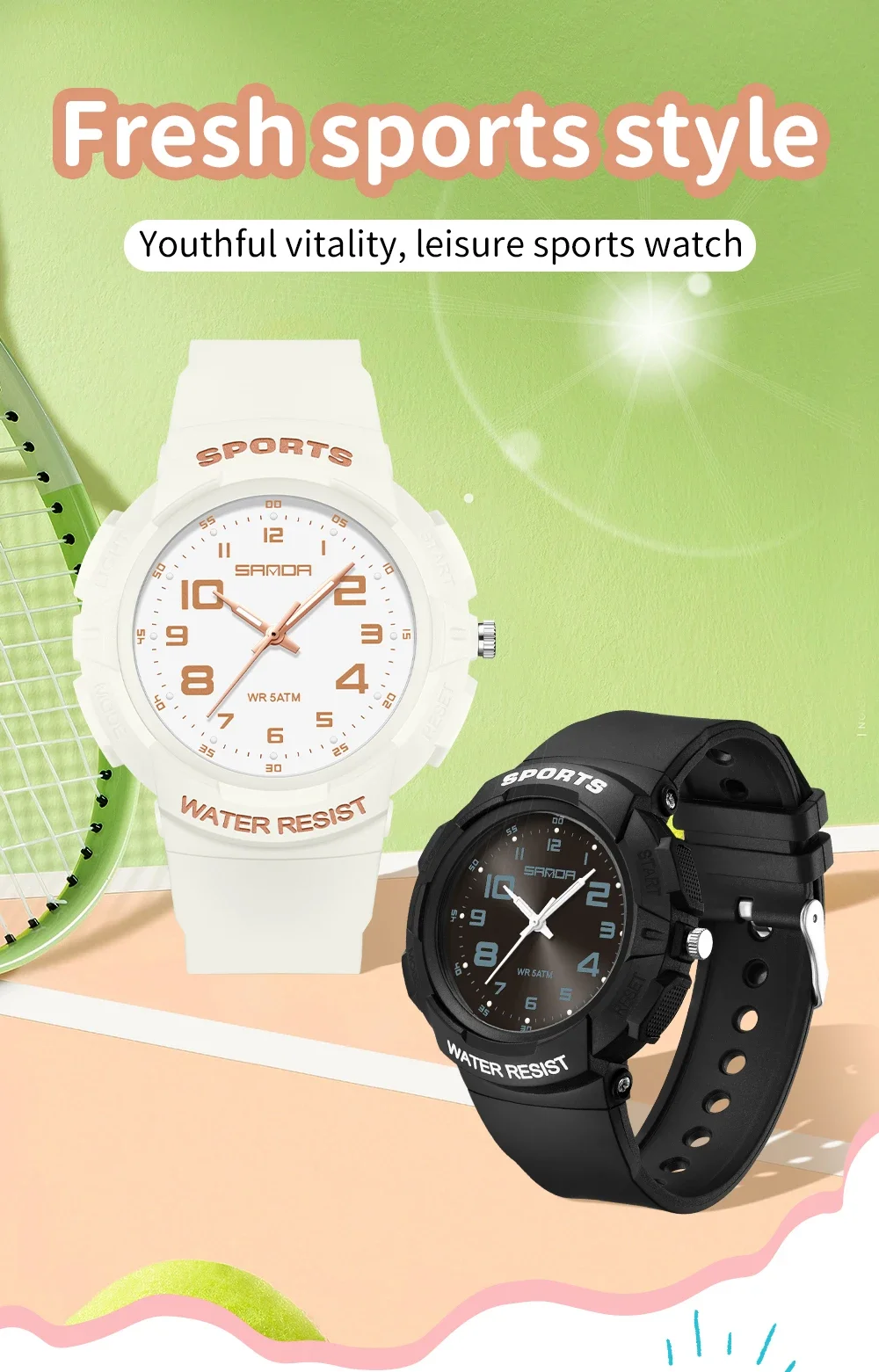 Sanda Trendy Design Soft Student Watch TPU Strap 50M Depth Waterproof Quartz Movement Children Fashion Sports Wrist Watch