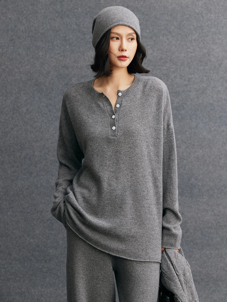 TLOML جديد المرأة 100% سترة الكشمير المعنقة س الرقبة نصف أزرار البلوز الكشمير تريكو ربيع الخريف لينة الدافئة فضفاض بلايز عادية