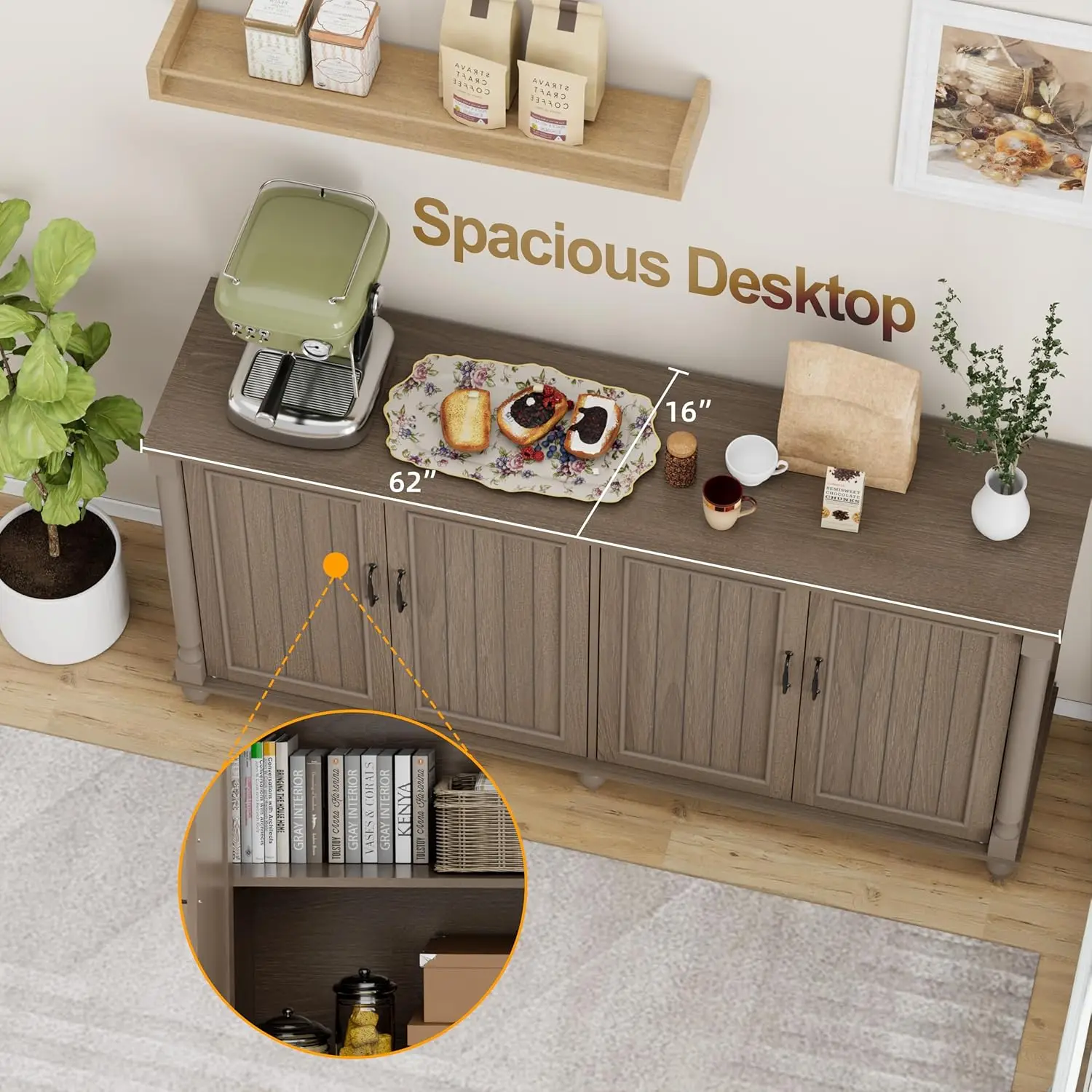 62인치 브라운 커피 바 캐비닛(수납장 포함), 주방, 식당, 거실용 4도어 사이드보드