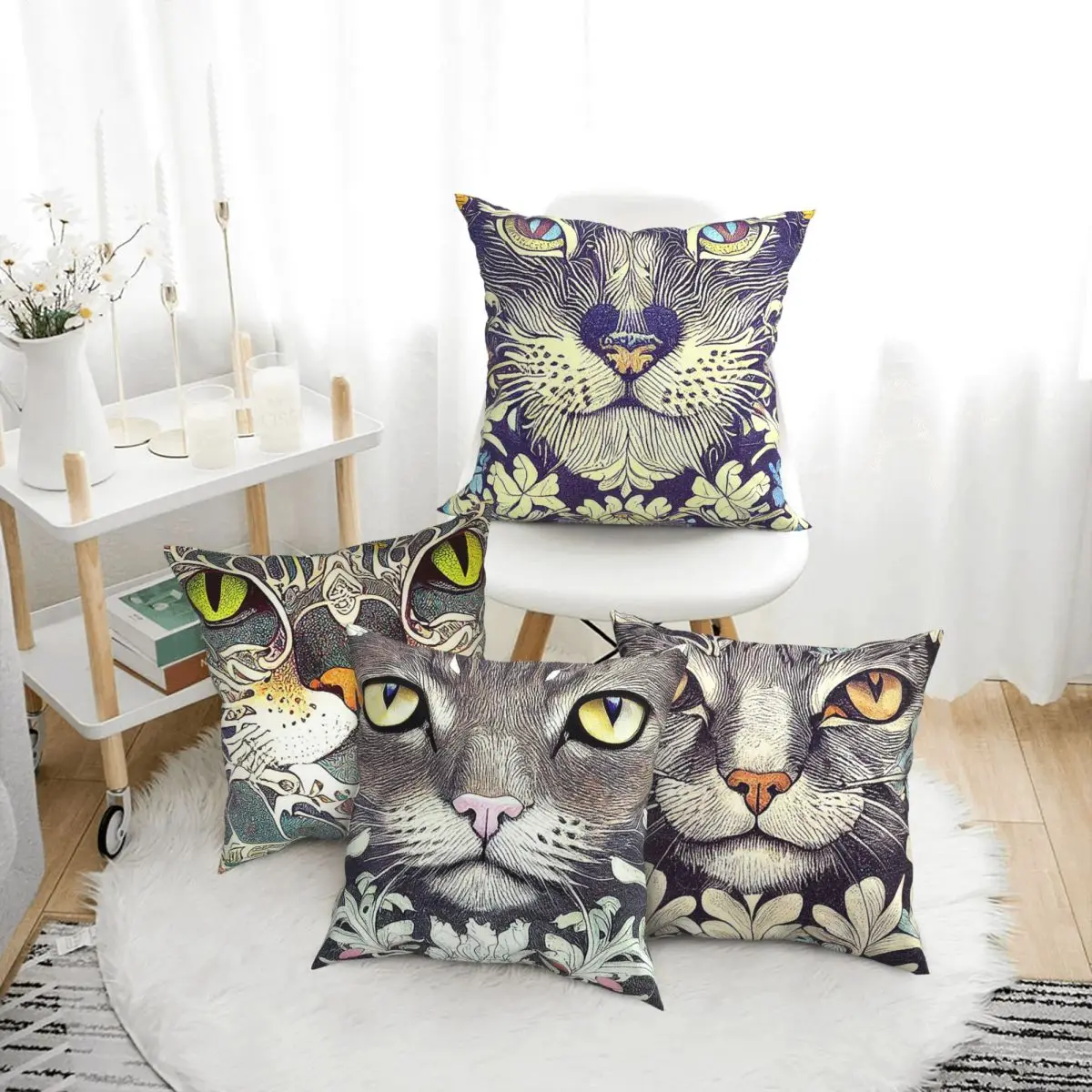 

Cat Inspired By William Morris Stray Kitten British Art Flowers Stylised Soft Cushion Cover Decorations Throw Pillow Case Cover