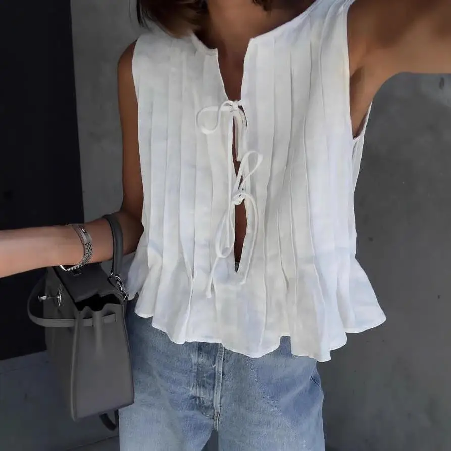 Mujer Algodón Lino Irt Cintura atada Primavera Verano Casual Cómodo Transpirable No Sve Color liso Diseño plisado