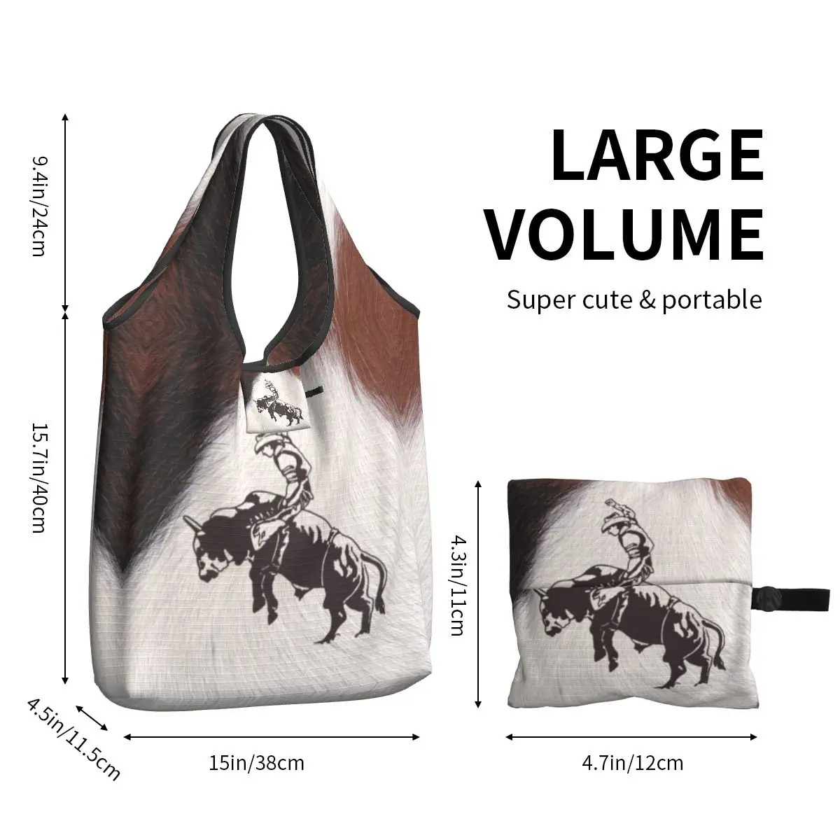 Western Cowboy Rodeo Bull Riding Cowhide Shopping Bag Women Tote Bag Portable Cow Texture Grocery Shopper Bags