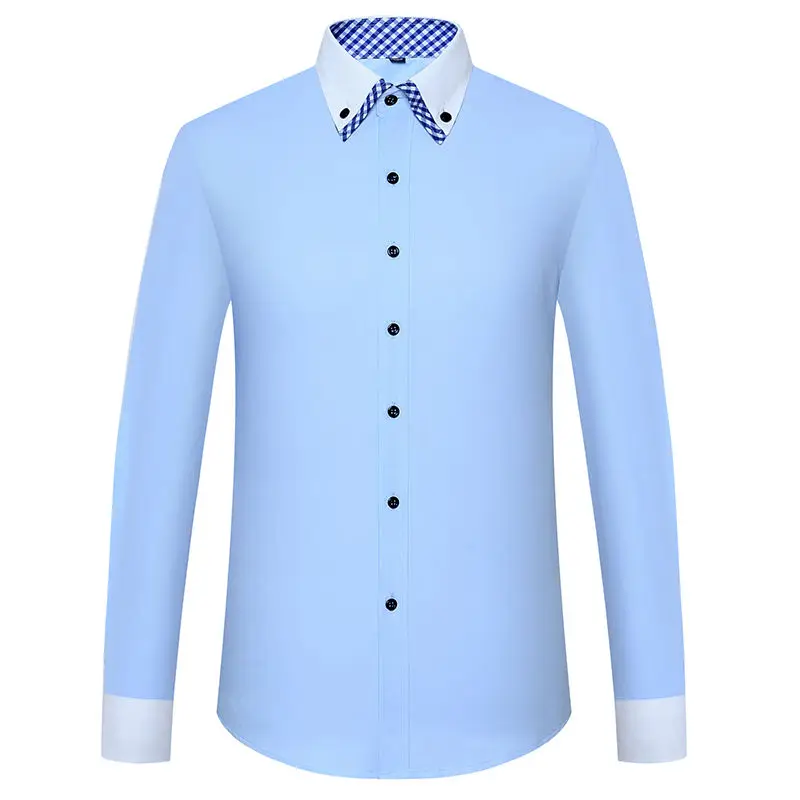 Mens Dress Shirts Long Sleeve Double Layer Collar Button Social Solid White Blue Korean Office Business Non Iron Slim Fit Cotton