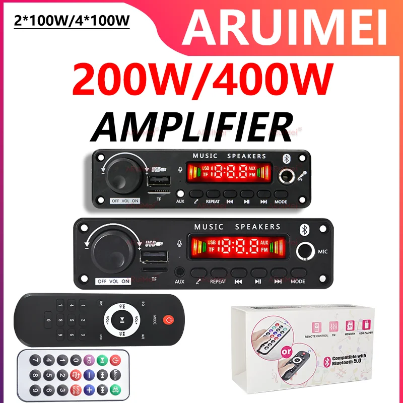 2*100W & 4*100W Dual/Four Channel Amplifier Board Bluetooth 5.0 MP3 Decoder 8V-26V Wide Voltage with USB/TF/FM Recording Call