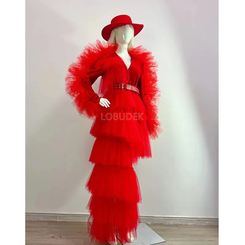 Irregular Red Sheer Gauze Long Blazer Dress Bar Women Singer Drag Queen Costume Party Birthday Performance Stage Wear With Belt