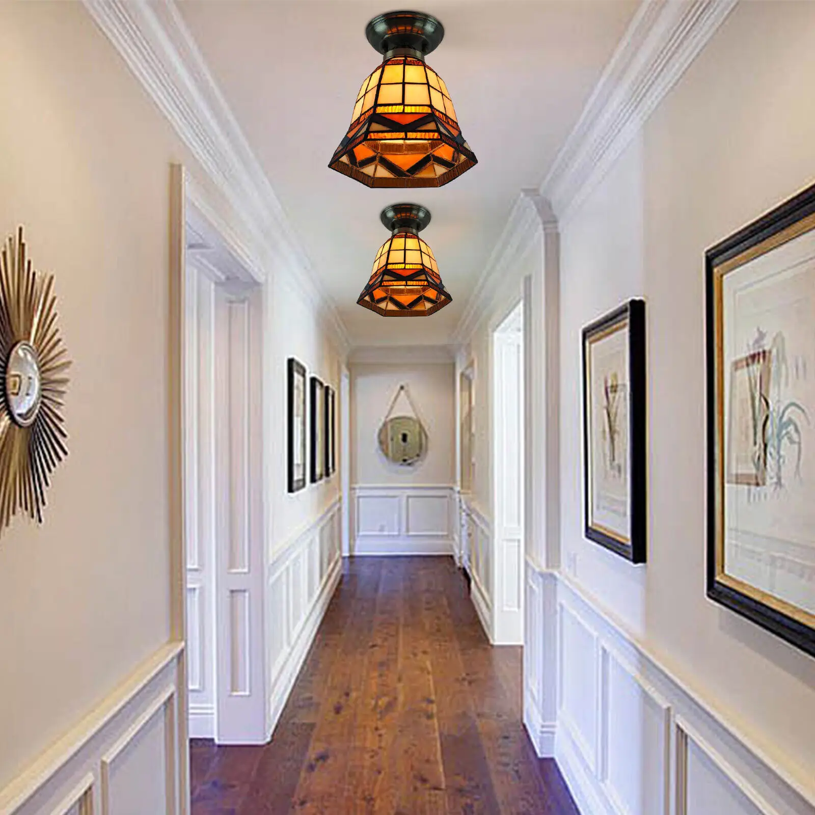 

25W Ceiling Light Fixture E26 Home Stained Glass Shade Flush Mount Lamp