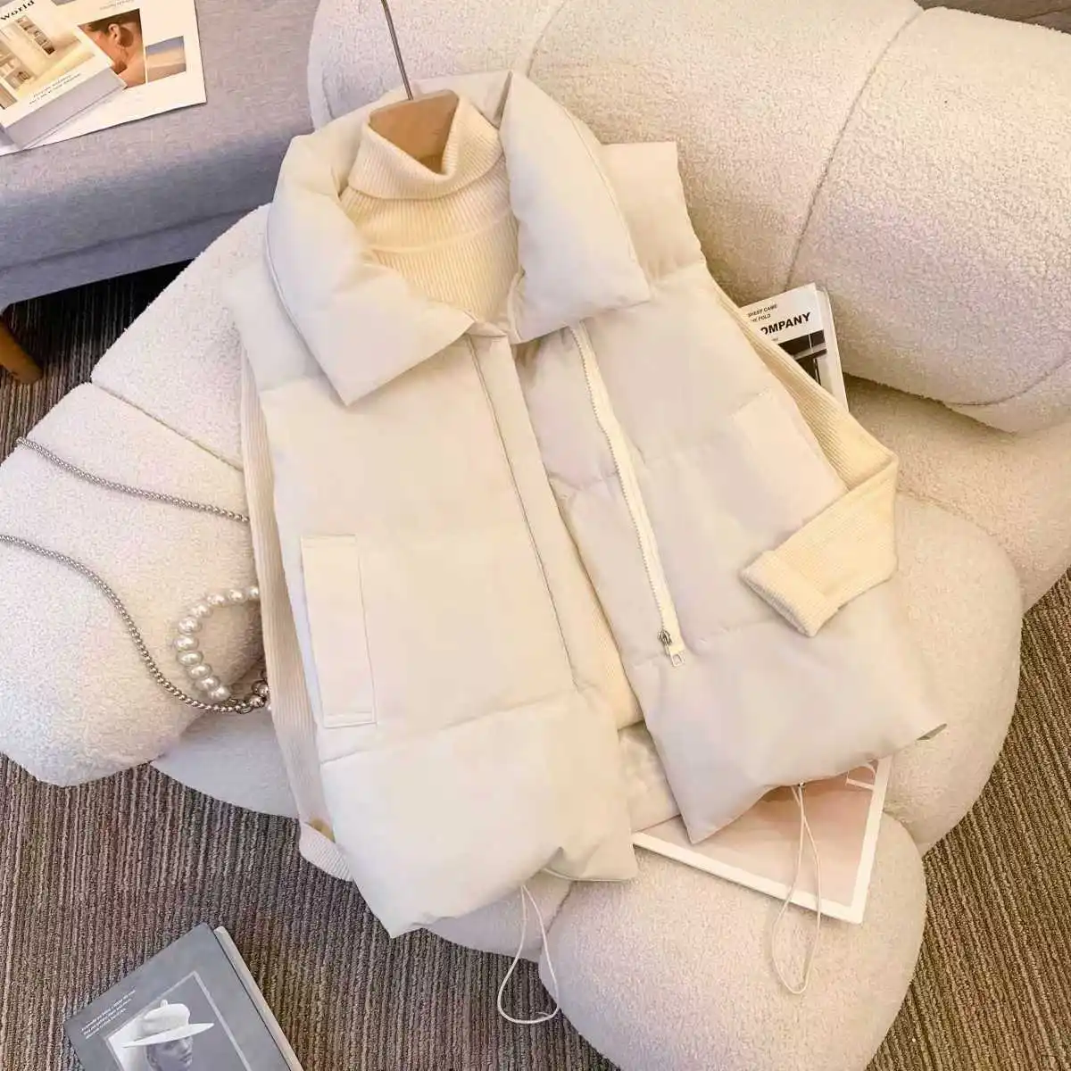 Übergroße Baumwollweste mit Reißverschluss, lockere Damenweste für Herbst und Winter, lässige Weste, ärmellose Kleidung, einfarbige Basic-Jacke, Oberteil – Detail 4